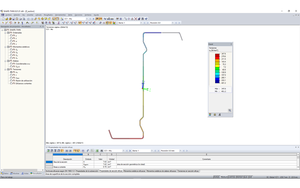 Sección eficaz de un perfil Z conformado en frío en SHAPE-THIN 9