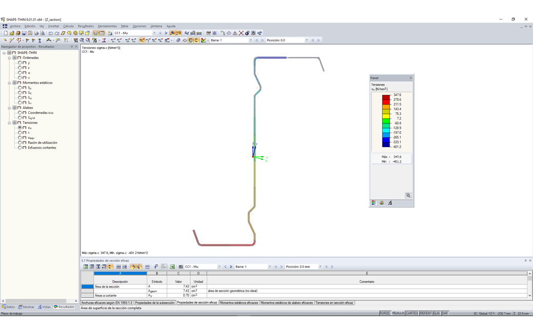 Sección eficaz de un perfil Z conformado en frío en SHAPE-THIN 9