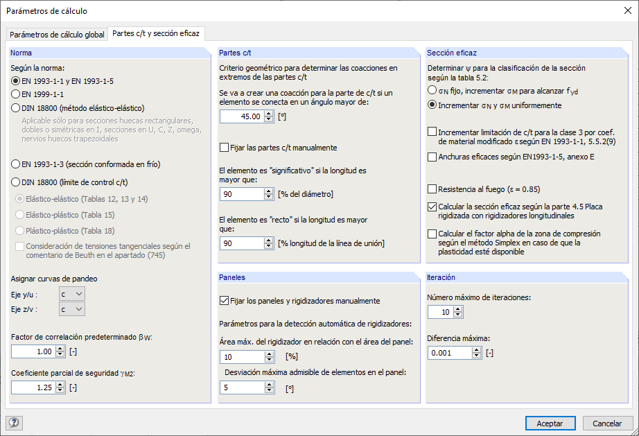 Programa de propiedades de secciones SHAPE-THIN | Parámetros de cálculo: partes c/t y sección eficaz