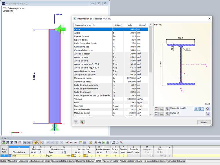 Sección HEA de la viga, S355