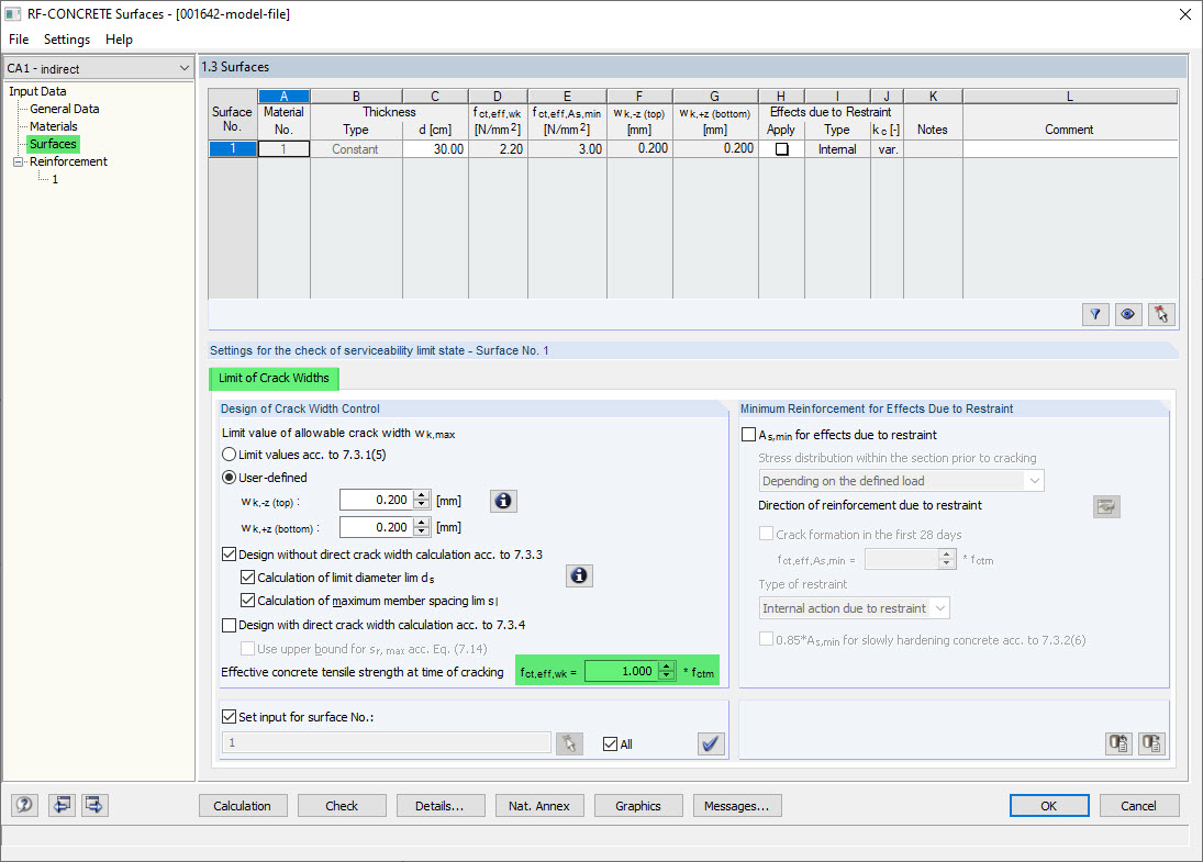Resistencia efectiva a la tracción del hormigón en el momento de la fisuración en superficies de RF-CONCRETE