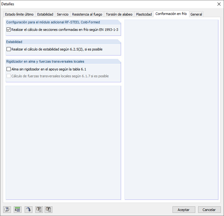 Detalles, pestaña "Conformación en frío"