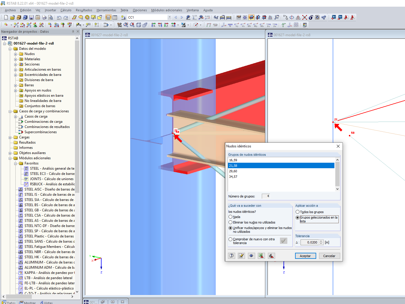 Verificación del modelo unificando los nudos