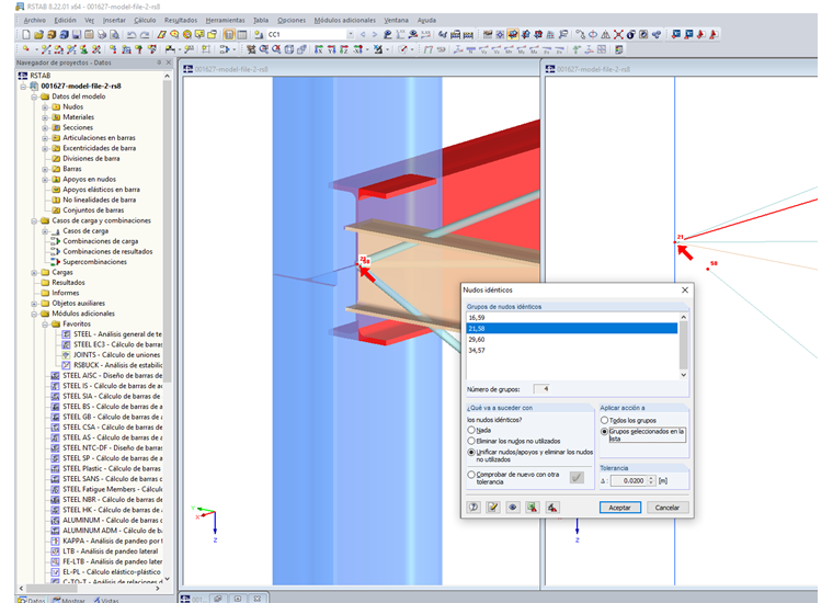 Verificación del modelo unificando los nudos