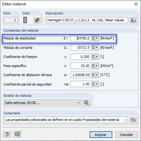 Especificación del módulo de elasticidad tangente en el origen como módulo de elasticidad