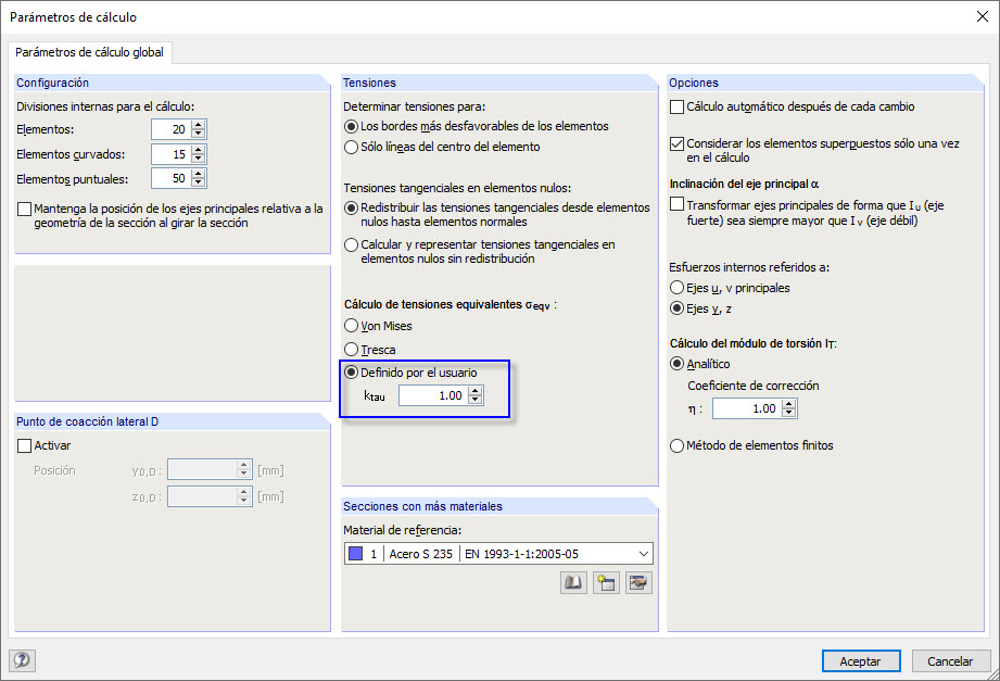Einstellung der Berechnungsparameter