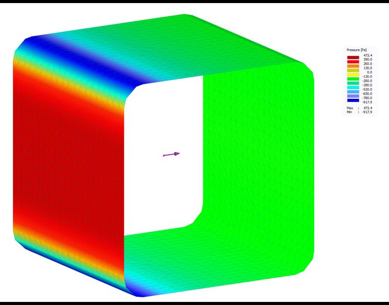 Distribución de la presión de viento en la superficie del componente estructural