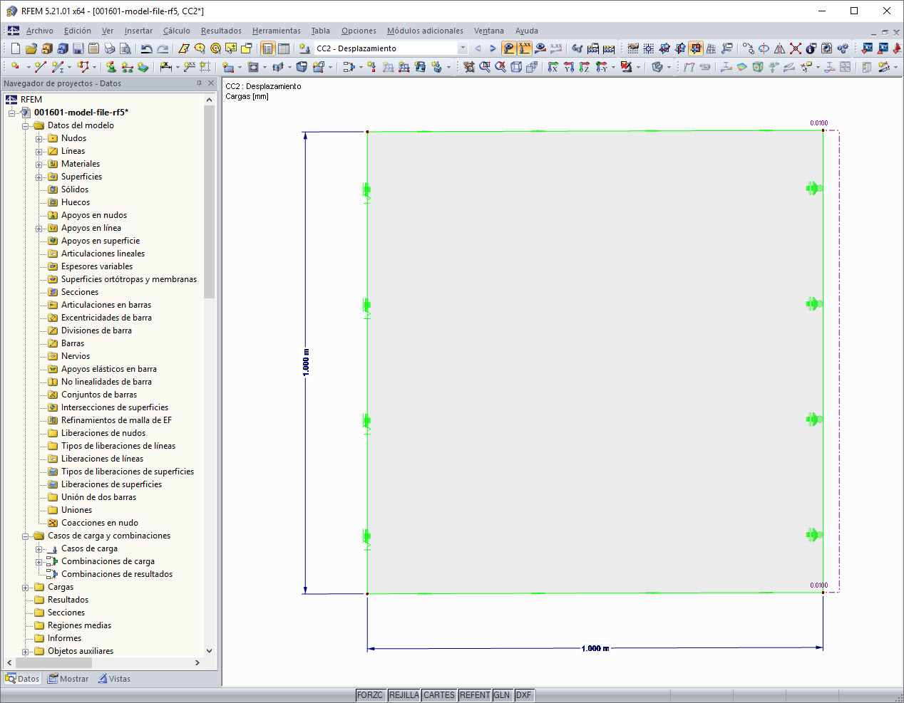 Berechnungsmodell in RFEM: ein FE-Element, links gehalten, rechts gezogen