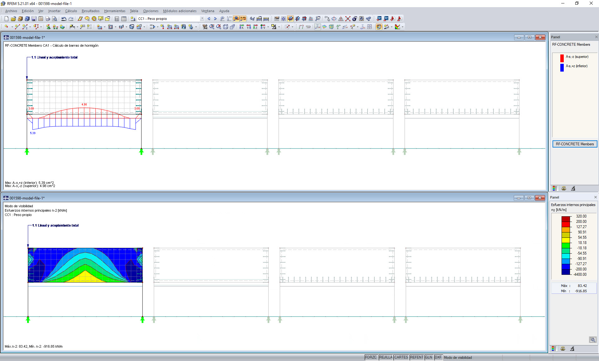 Armadura necesaria para el nervio y distribución axial de los esfuerzos del muro