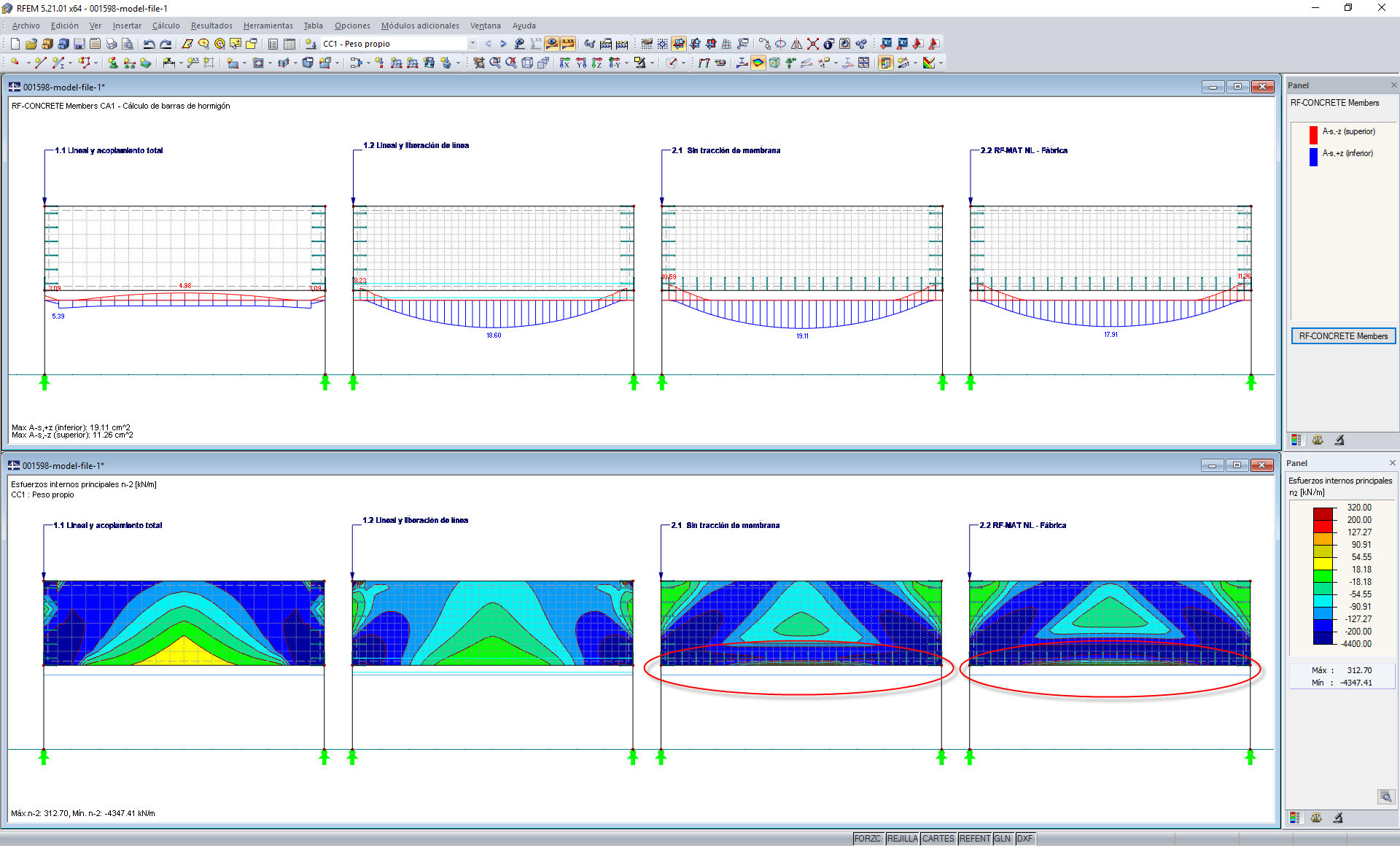 Armadura necesaria para el nervio y distribución axial de los esfuerzos del muro