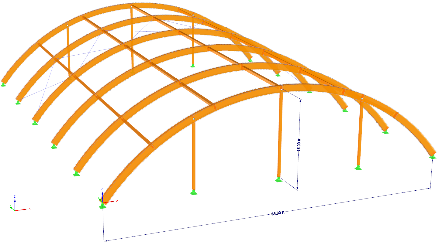 Estructura de madera con cubierta curva para la aplicación de cargas de nieve