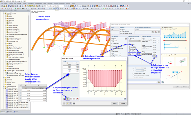 Datos de Excel importados a RFEM para carga variable de miembros