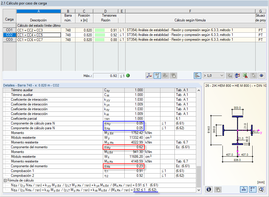 Evaluación de resultados detallada para el análisis de estabilidad de la combinación de carga 2