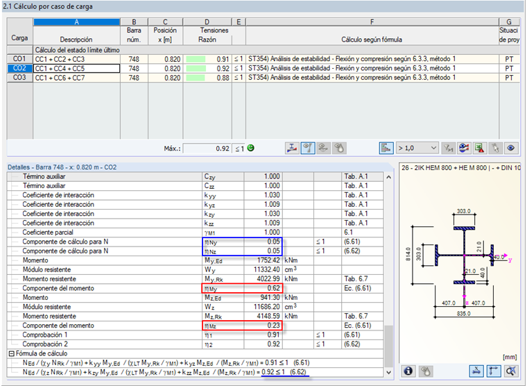 Evaluación de resultados detallada para el análisis de estabilidad de la combinación de carga 2