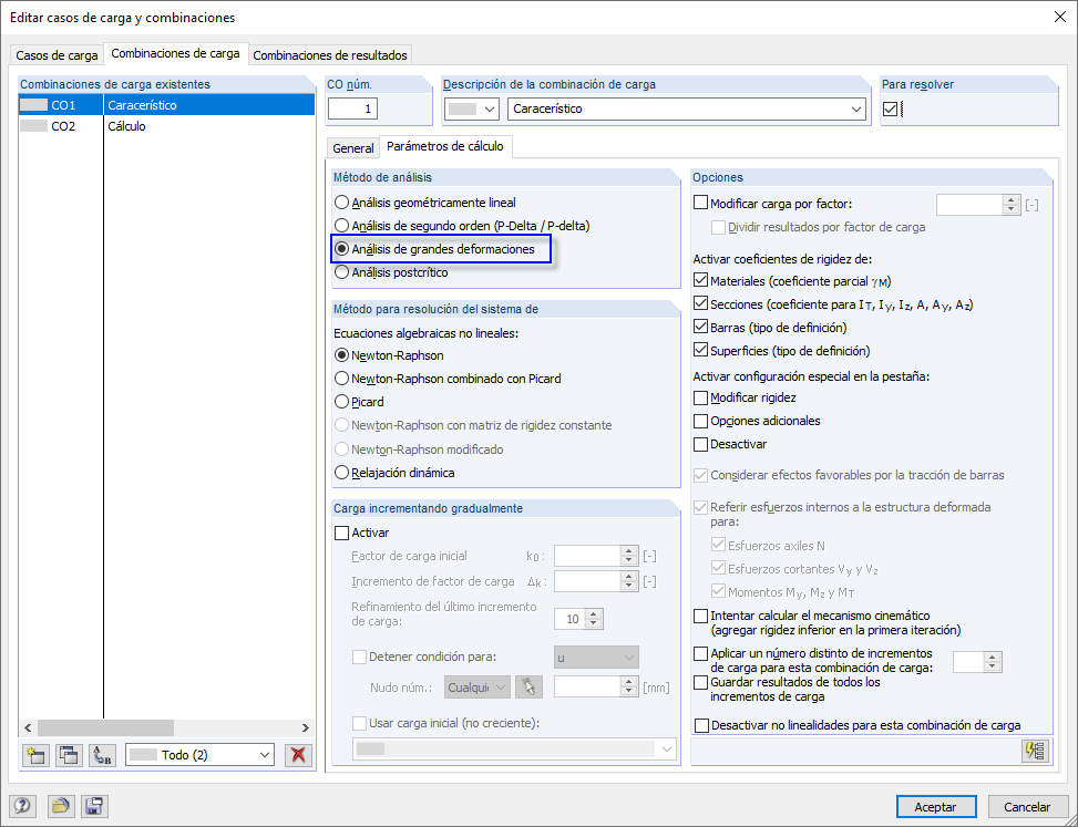 Cálculo según el análisis de grandes deformaciones