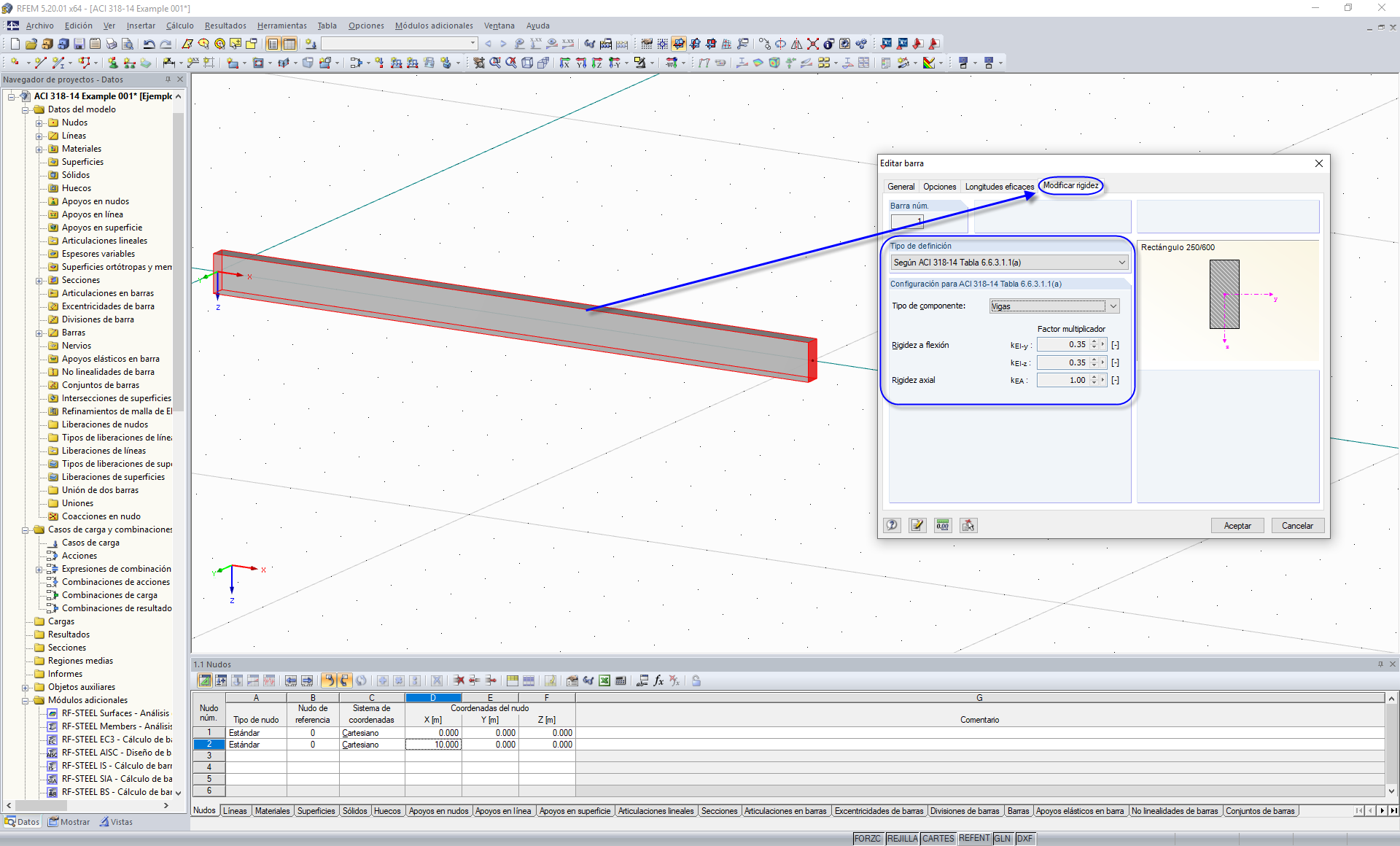 Selección del tipo de definición para la modificación de la rigidez del hormigón según ACI 318-14