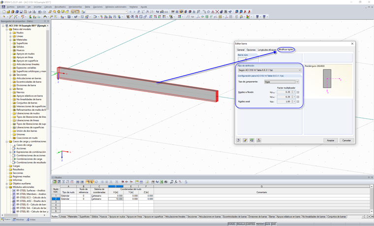 Selección del tipo de definición para la modificación de la rigidez del hormigón según ACI 318-14
