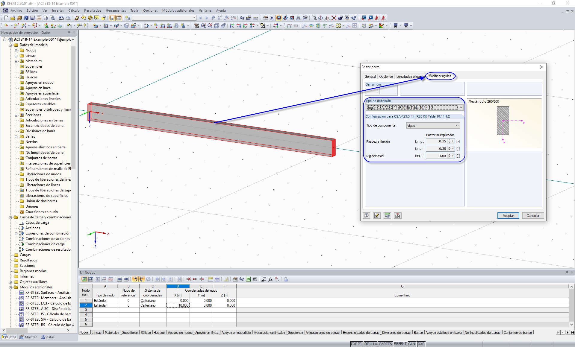 Selección del tipo de definición para la modificación de la rigidez del hormigón según CSA A23.3-14