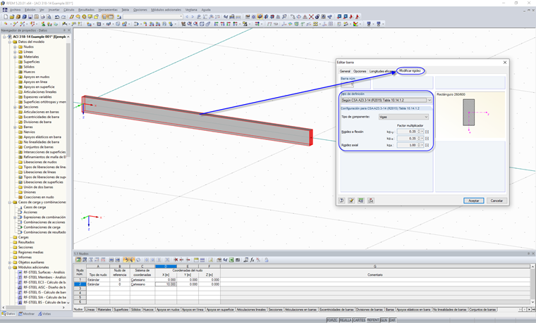 Selección del tipo de definición para la modificación de la rigidez del hormigón según CSA A23.3-14
