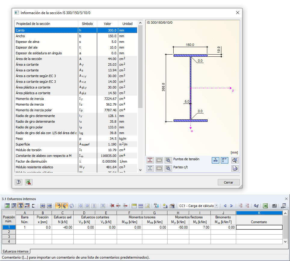 Sección y esfuerzos internos