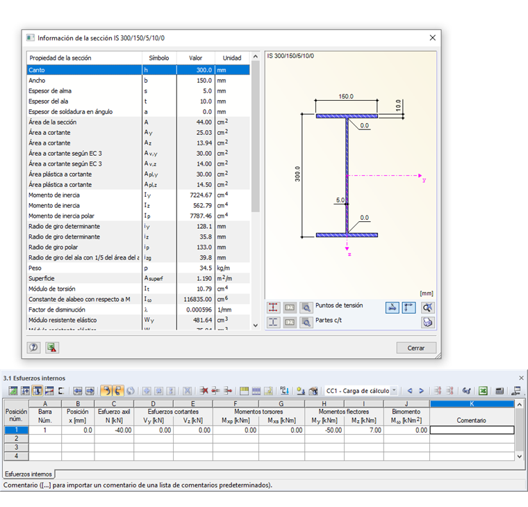 Sección y esfuerzos internos