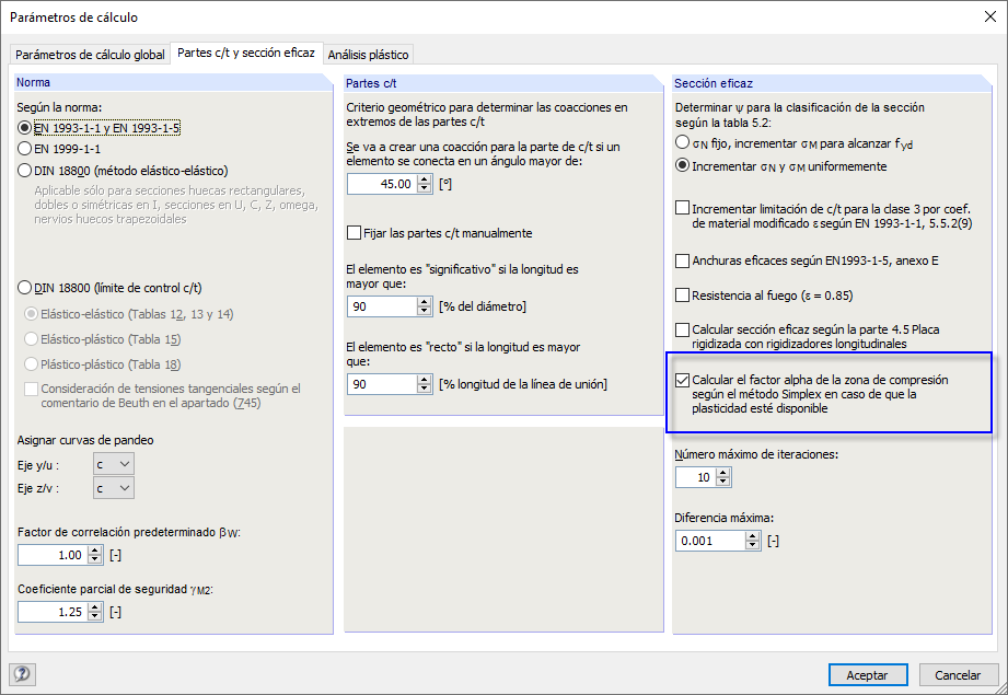 Cuadro de diálogo "Parámetros de cálculo"