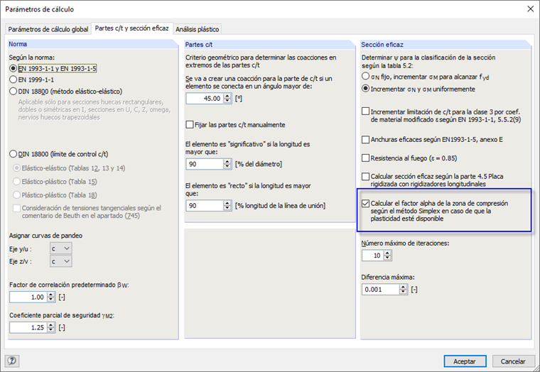 Cuadro de diálogo "Parámetros de cálculo"
