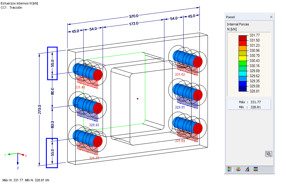 Esfuerzos en los pernos F,t,Ed (incluyendo las fuerzas de contacto) para e = 55 mm