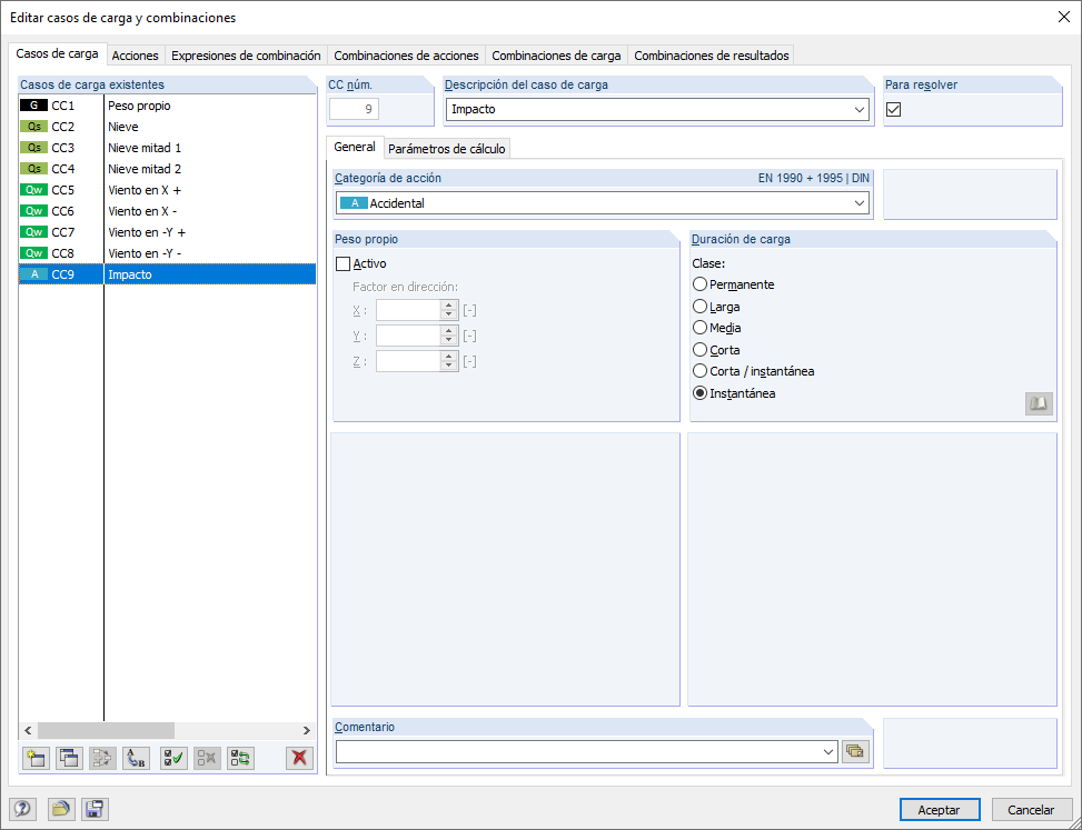 Nuevo caso de carga con la categoría de acción "Accidental"