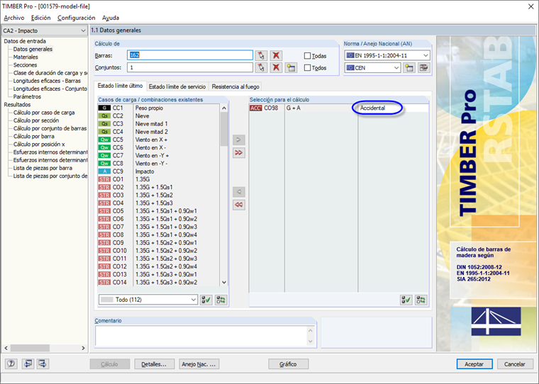 Datos generales en TIMBER Pro con la asignación de la situación de proyecto