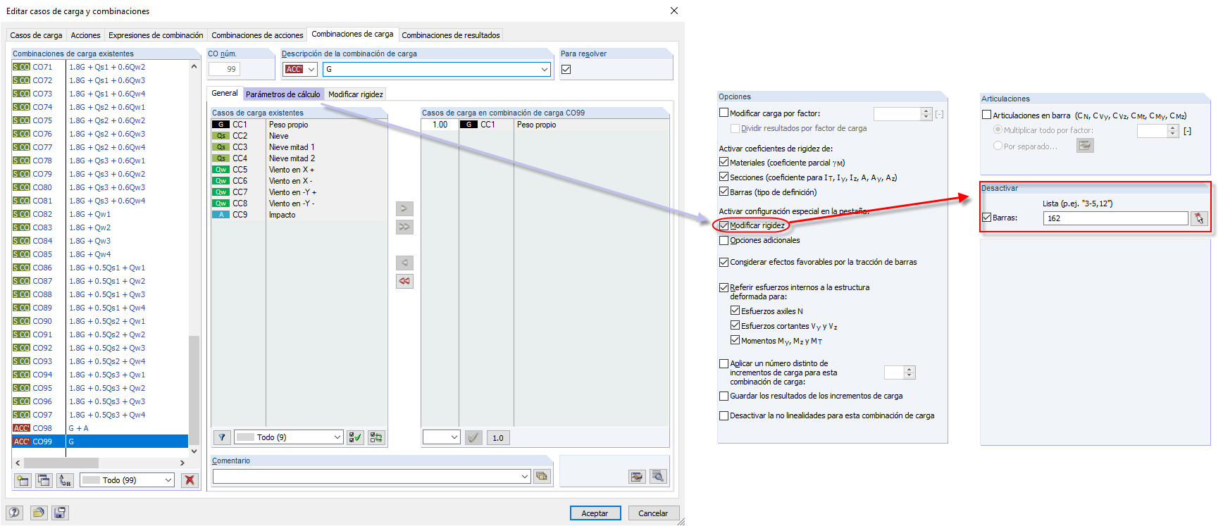 Desactivar la columna para una combinación de carga determinada