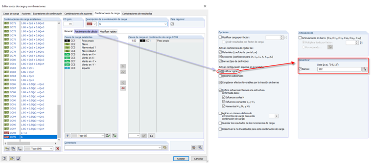 Desactivar la columna para una combinación de carga determinada
