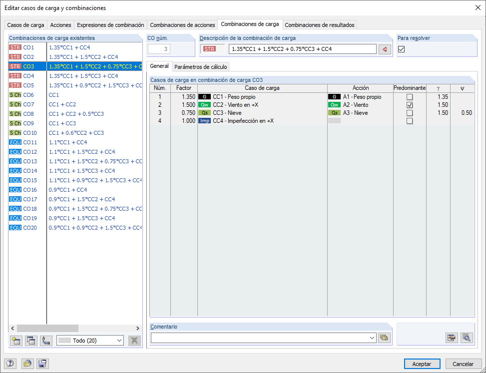 Combinaciones de carga generadas para el cálculo