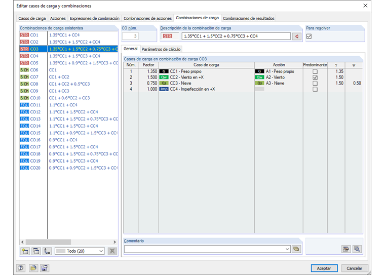 Combinaciones de carga generadas para el cálculo