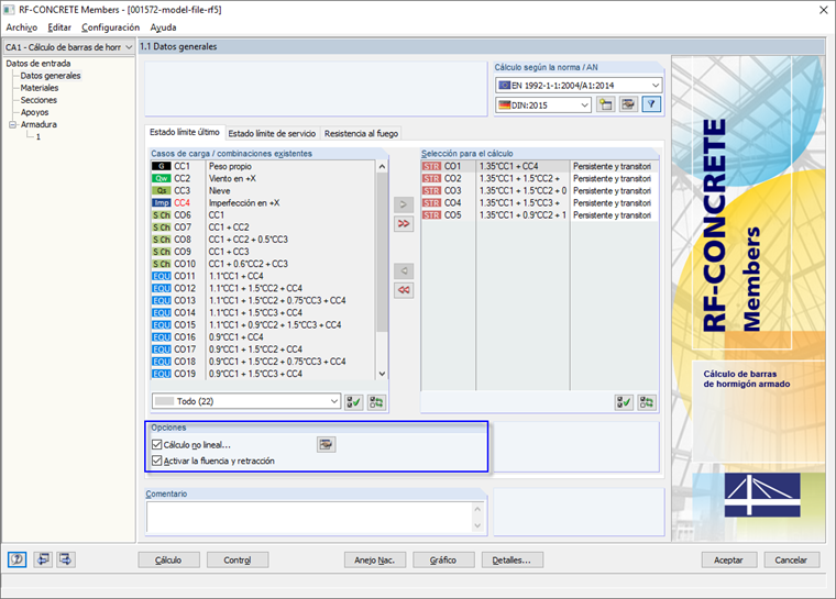 Opción "Cálculo no lineal" en la ventana "1.1 Datos generales" de RF-CONCRETE Members