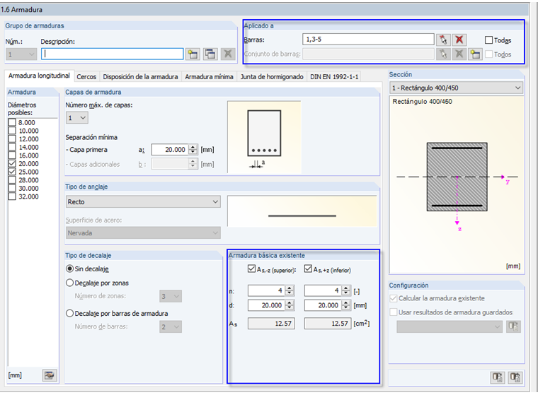 Definición de la armadura básica existente
