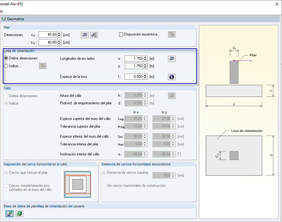 Dimensiones preestablecidas de las losas de cimentación