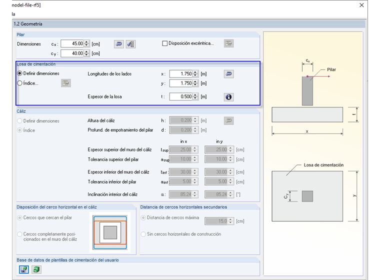Dimensiones preestablecidas de las losas de cimentación