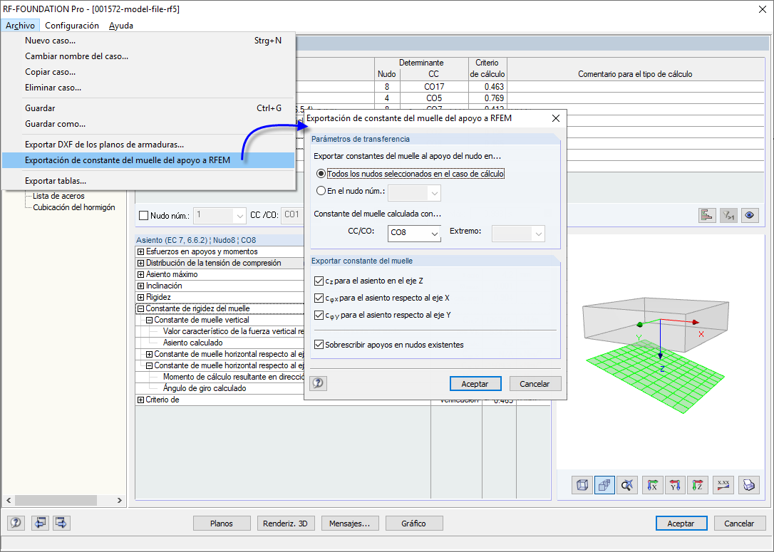 Menú para exportar constantes de muelle desde RF-FOUNDATION Pro