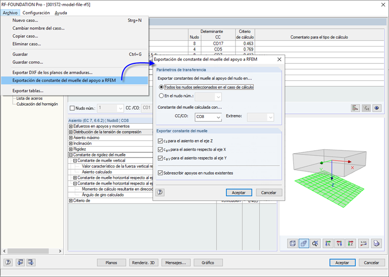Menú para exportar constantes de muelle desde RF-FOUNDATION Pro