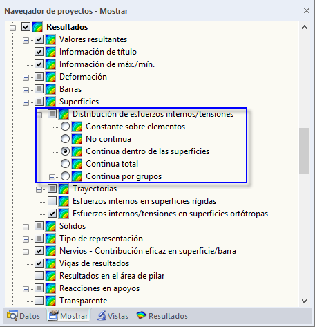 Opciones para la distribución de esfuerzos internos para superficies