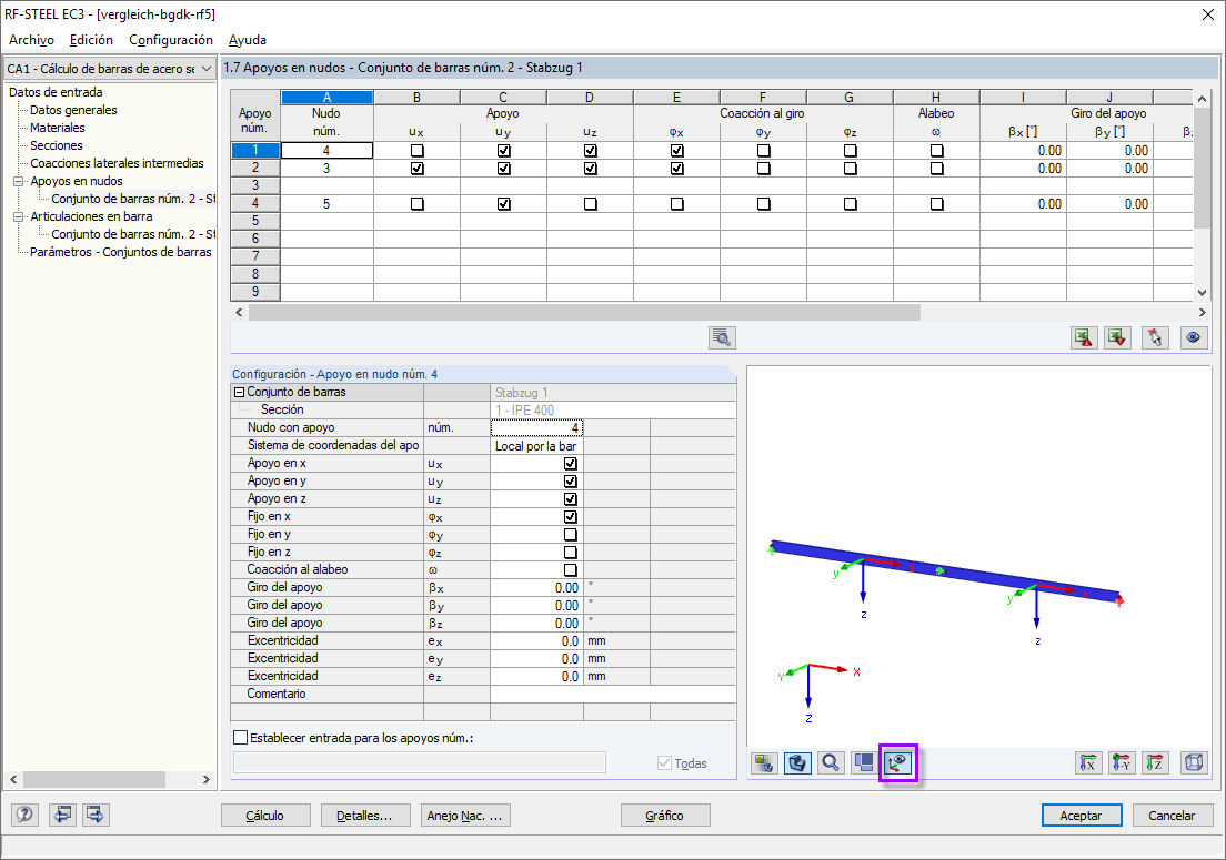 Entrada de apoyos en nudos para el análisis de deformación