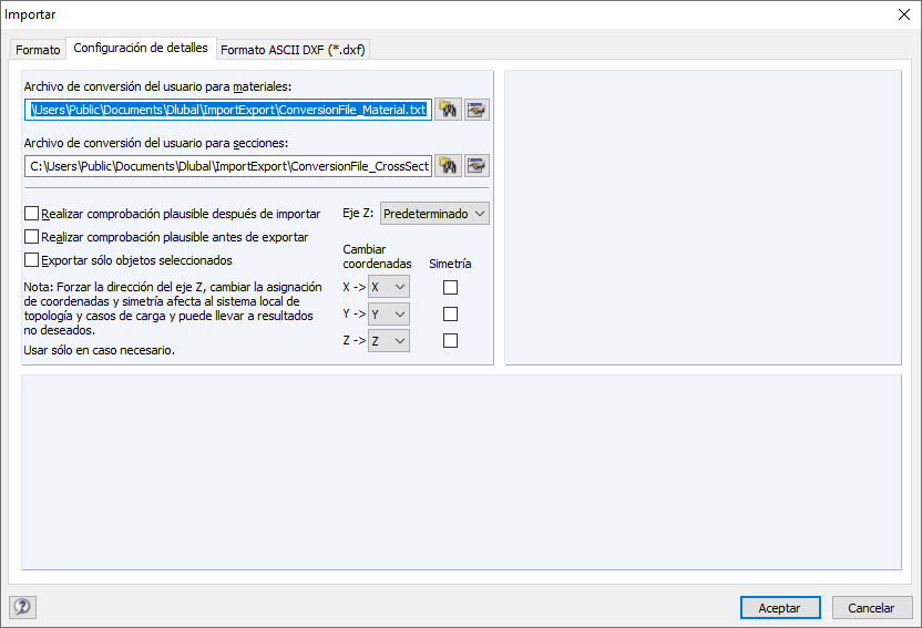 Configuración de detalles para importar