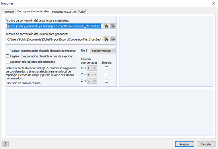 Configuración de detalles para importar