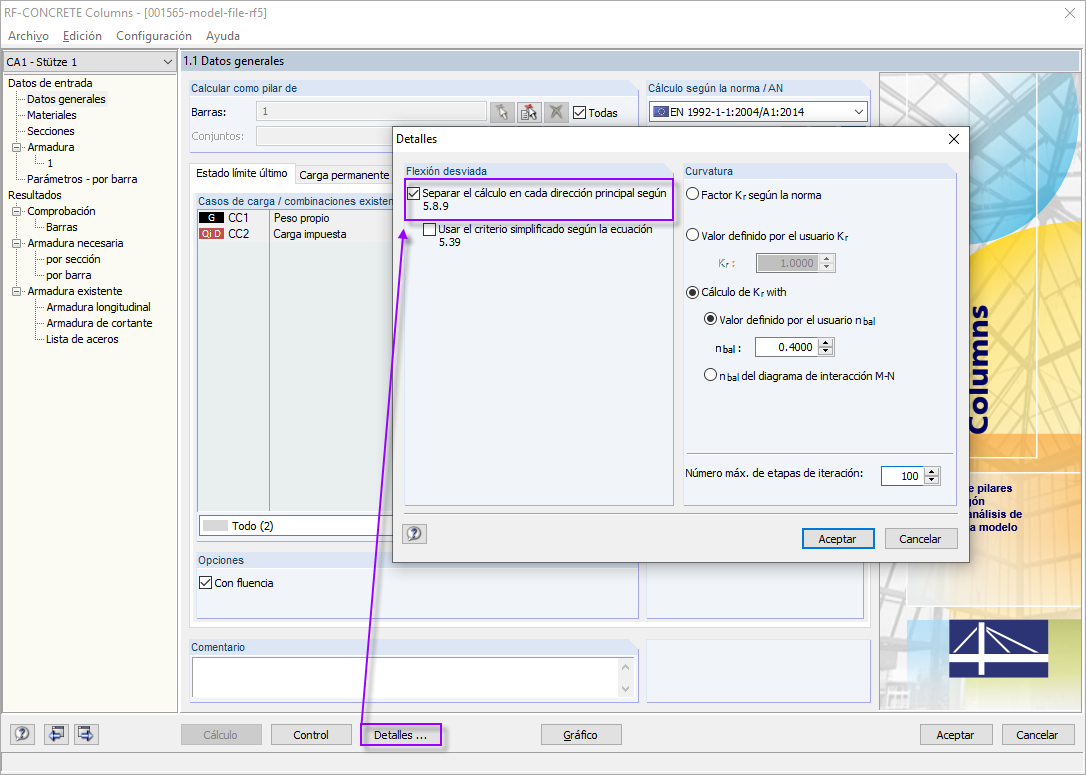 Activar la separación del cálculo según EN 1992-1-1 5.8.9(2)