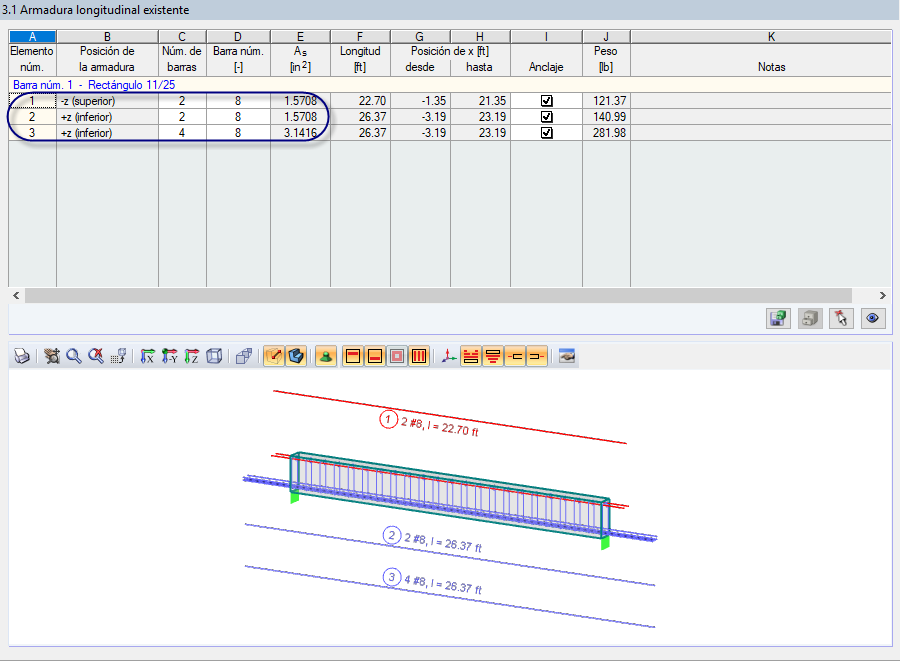 Diagrama RFEM de la armadura de tracción y compresión