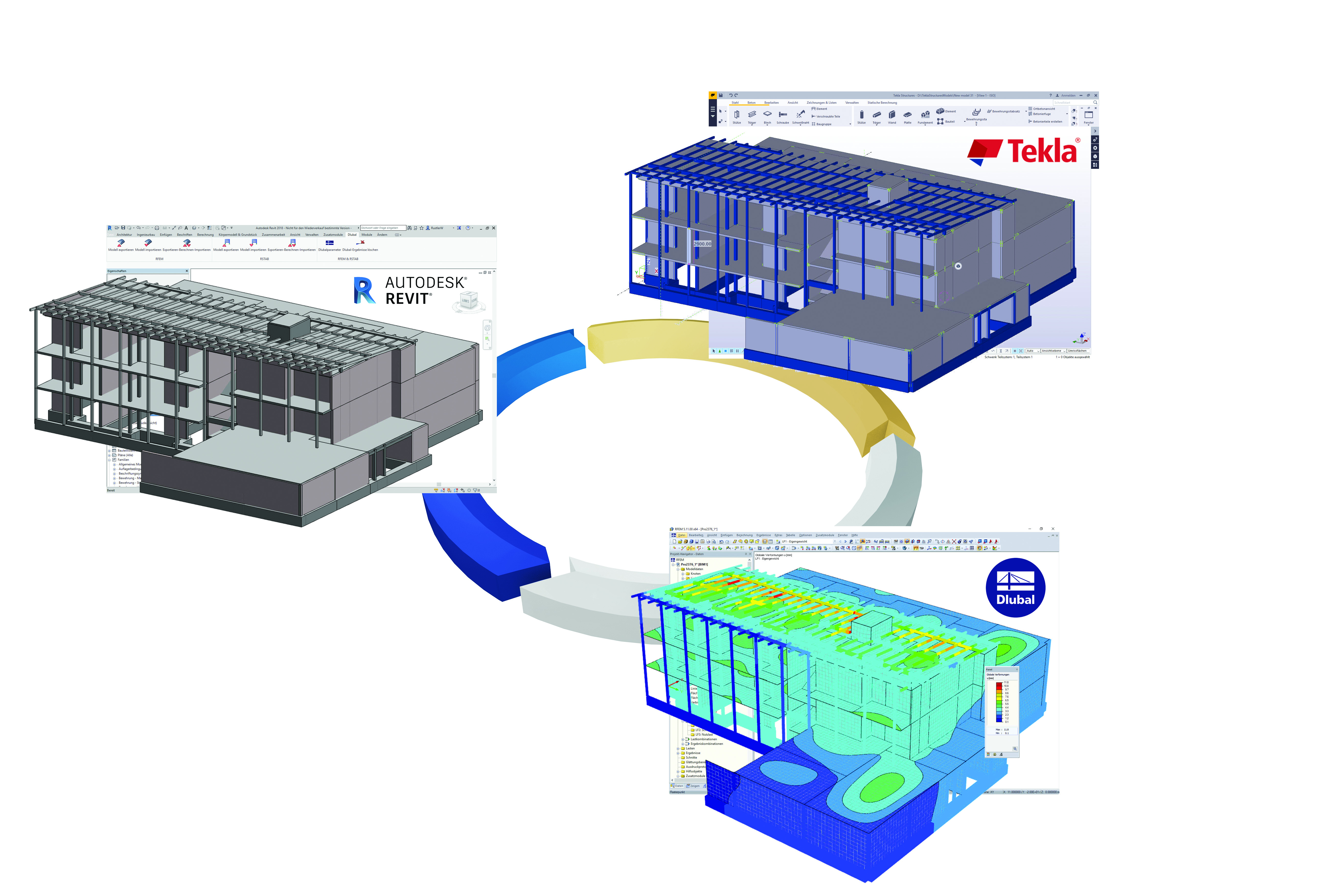Borrador con Revit, cálculo con RFEM de Dlubal, estructura con Tekla Structures