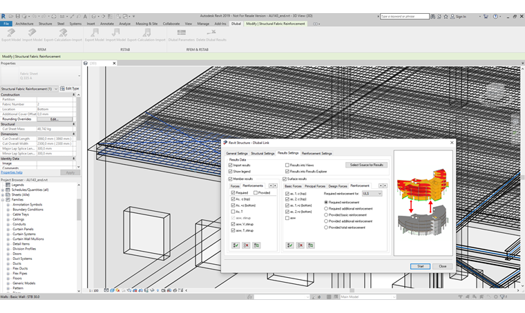Armadura de superficie 3D en Revit generada directamente a partir de los resultados de cálculo en RFEM