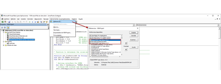 Integre las bibliotecas de tipos de Dlubal RFEM y Microsoft Scripting Runtime