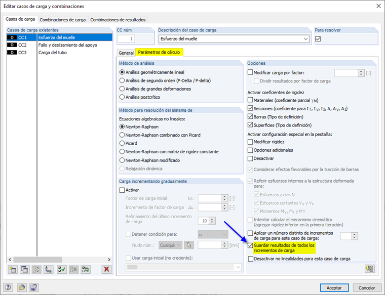 Opción "Guardar resultados de todos los incrementos de carga"